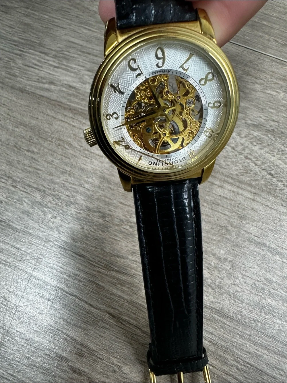 Stührling Automatic Men's Dress Watch Gold Skeleton Dial Black Band